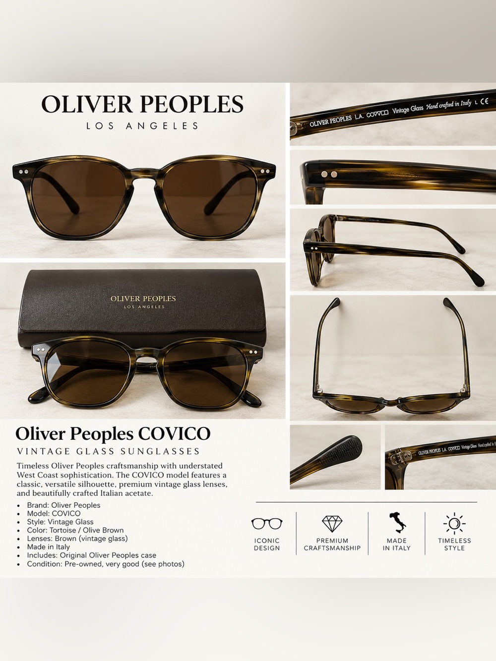 Oliver Peoples COVICO Vintage Glass Tortoise Sunglasses Made in Italy w/ Case